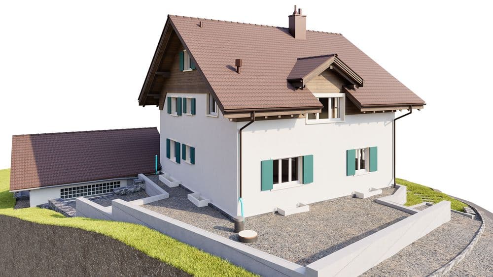 Ein modernes Einfamilienhaus mit rotem Satteldach, weißen Wänden und grünen Fensterläden auf einem gepflegten Grundstück.