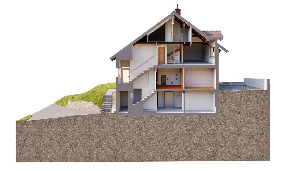 Querschnitt eines mehrstöckigen Hauses mit moderner Architektur, Innenräume und Treppen sichtbar, umgeben von Landschaft.