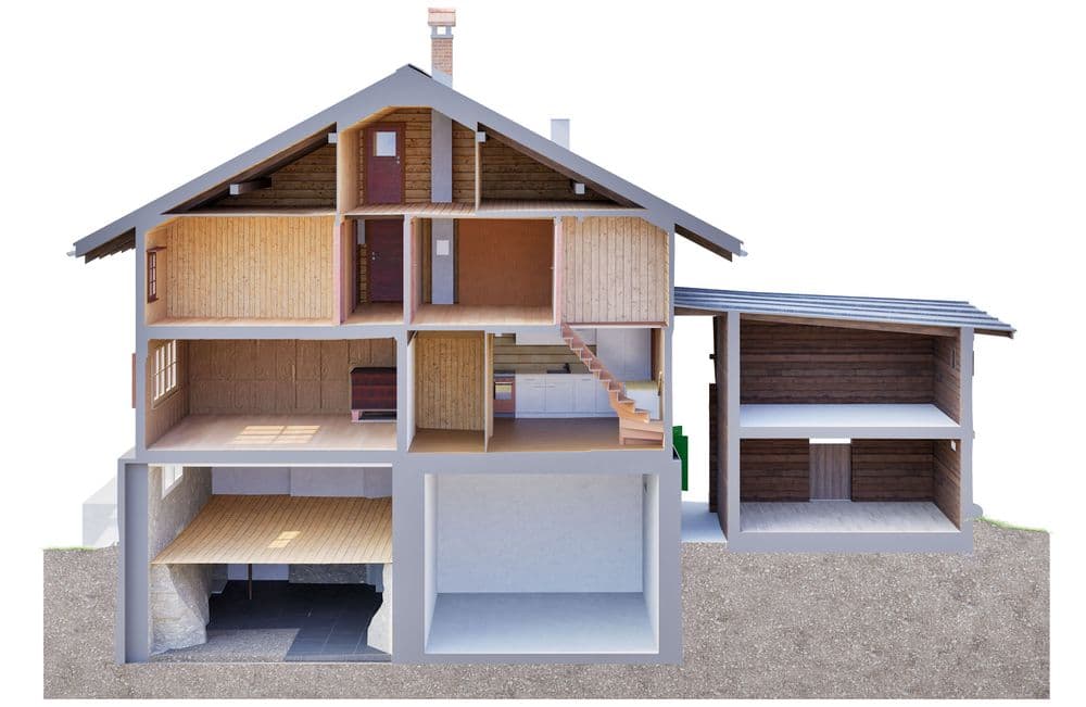 Ein modernes Wohnhaus im Längsschnitt mit mehreren Etagen, Holzverkleidung und angrenzender Garage.