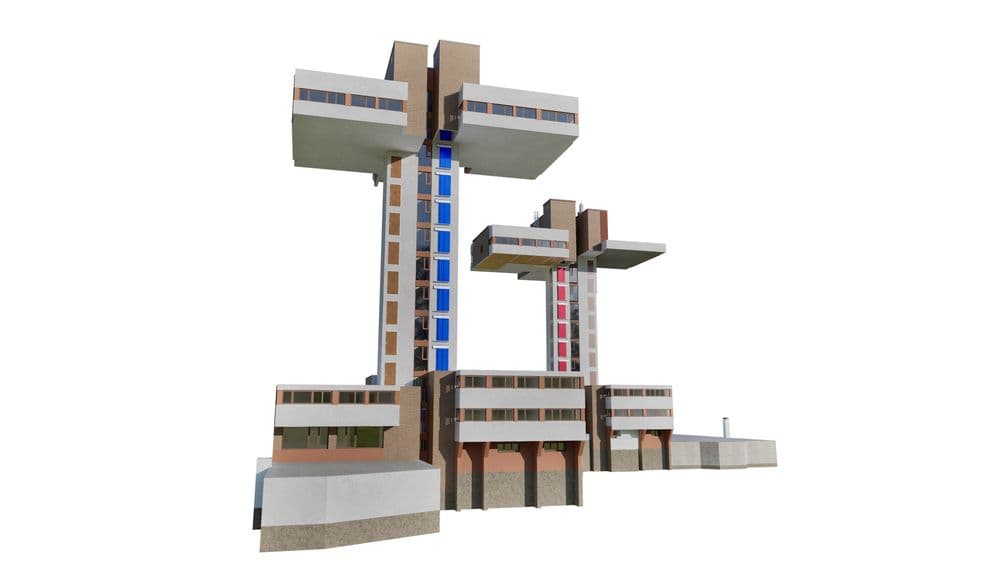 Brutalistisches Gebäude in Hannover mit markanten, stapelartigen Strukturen und modernen Elementen.