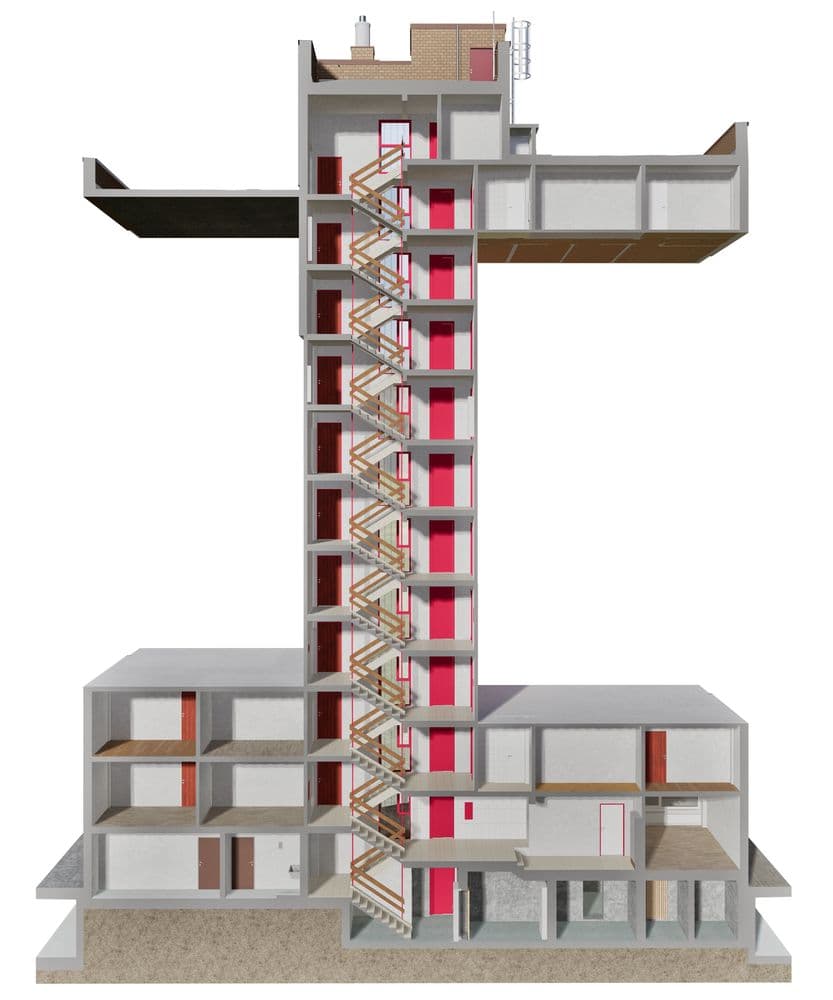 Querschnitt eines mehrstöckigen Gebäudes mit Treppenhaus im Zentrum und mehreren Etagen.