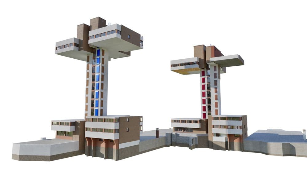 Alternative Beschreibung: Zwei moderne, gestapelte Hochhäuser mit markanten, seitlich auskragenden Elementen und großen Fenstern.