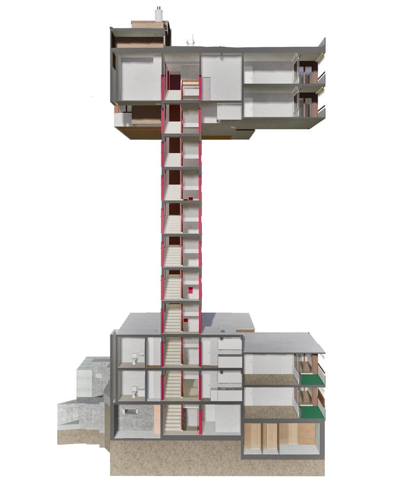 Querschnitt eines vertikalen Gebäudes mit Treppenhaus und verschiedenen Wohnebenen.