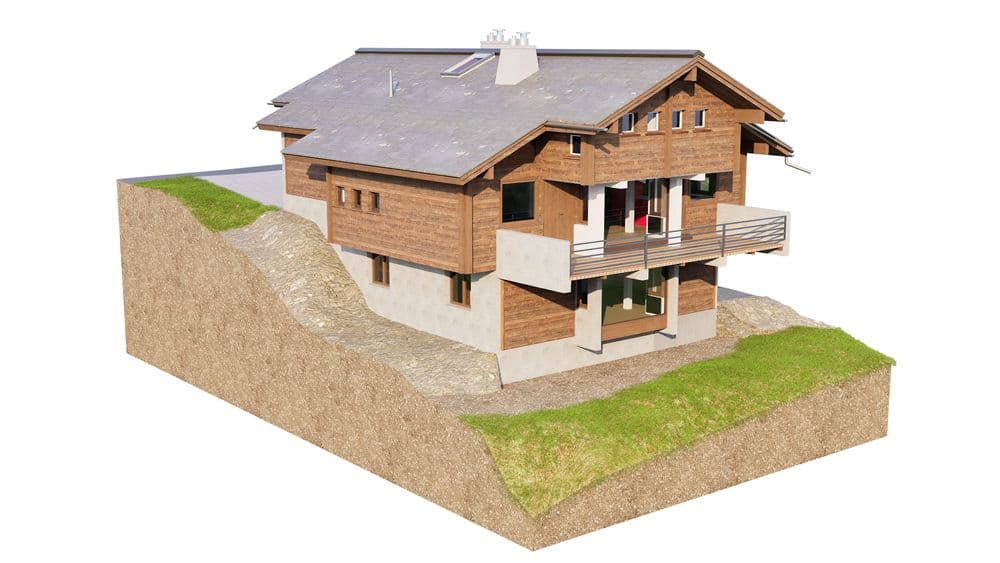 3D-Modell eines modernen Einfamilienhauses mit Schnittansicht und Hanglage.