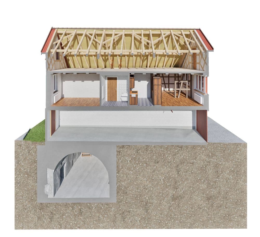 Hausquerschnitt: Zwei Stockwerke mit ausgebautem Dach, darunter Keller. Dachstruktur und Innenräume sichtbar.