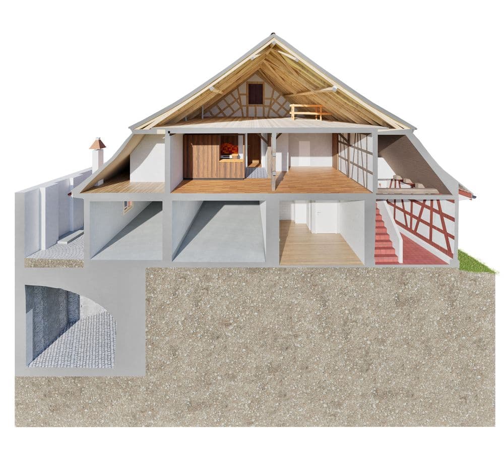 Ein Querschnitt eines Hauses zeigt mehrere Etagen mit Holz- und Betonstruktur. Obergeschoss mit Dachboden, darunter Wohnräume und Erdgeschoss.