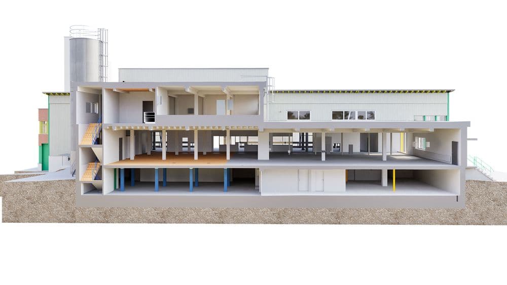 Querschnitt eines mehrstöckigen Gebäudes mit sichtbaren Etagen und Strukturen, zeigt Innenräume und architektonische Details.