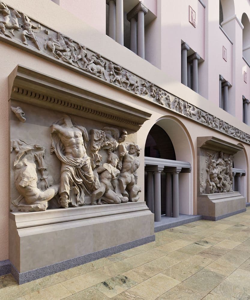 Ein Renaissance-Gebäude mit detaillierten antiken Reliefs und Skulpturen, darunter mythologische Figuren.