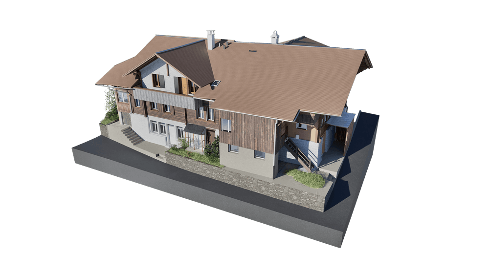 Ein modernes zweistöckiges Haus mit Holzverkleidung und Satteldach.