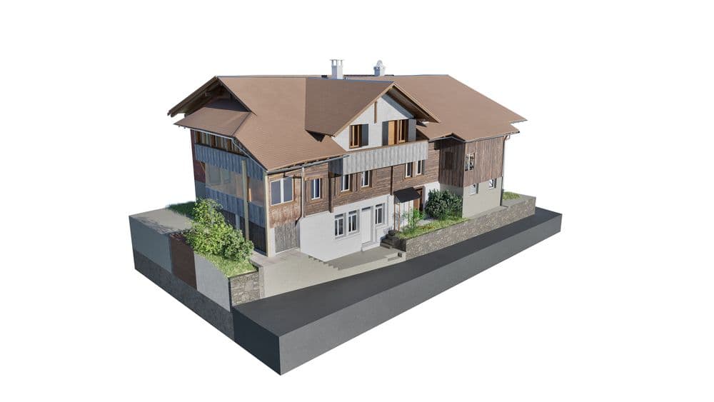 Zweistöckiges rustikales Gebäude mit hölzernen Elementen und braunem Dach, umgeben von einem einfachen Garten.