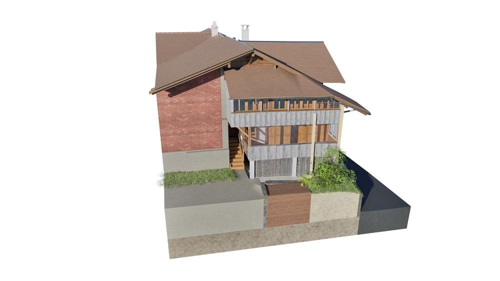 Moderne 3D-Architekturvisualisierung eines zweistöckigen Hauses mit Dachterrasse, roten Backsteinwänden und Holzelementen.