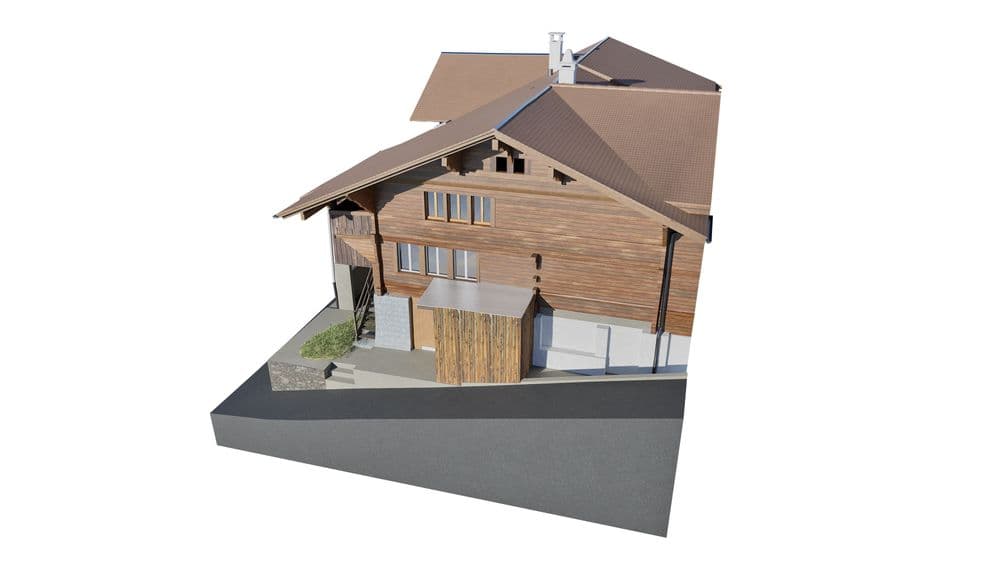 3D-Modell eines modernen Holzhauses mit Satteldach, Garage und Steinterrasse.