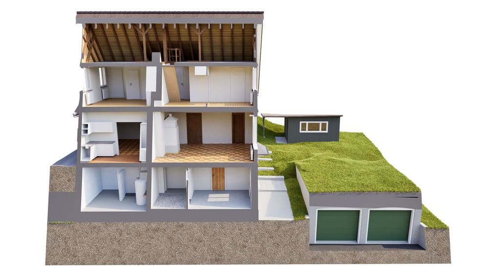 Schnittansicht eines zweistöckigen Hauses mit Garten, Garage und Nebengebäude, zeigt Innenräume und Struktur.