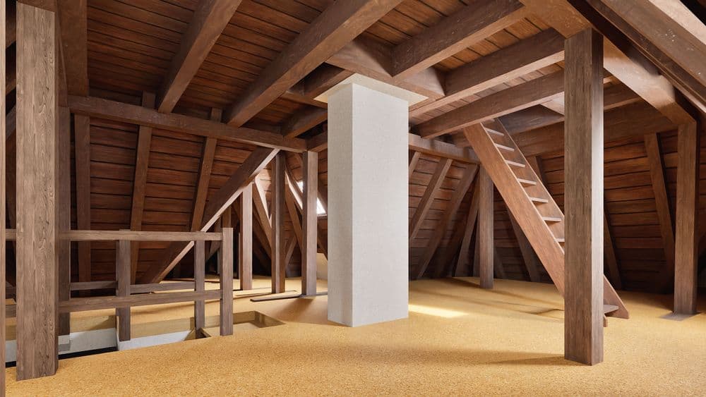Dachboden mit Holzbalken, Treppe und Dachschräge.