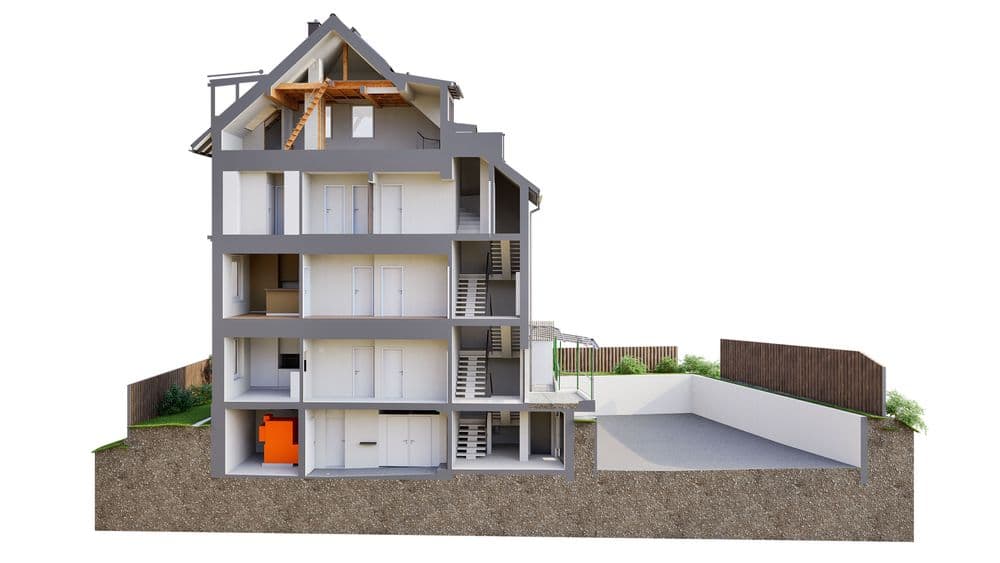 Mehrstöckiges Gebäude im Querschnitt, zeigt Innenräume und Strukturdetails, angelehnt an Hanglage.