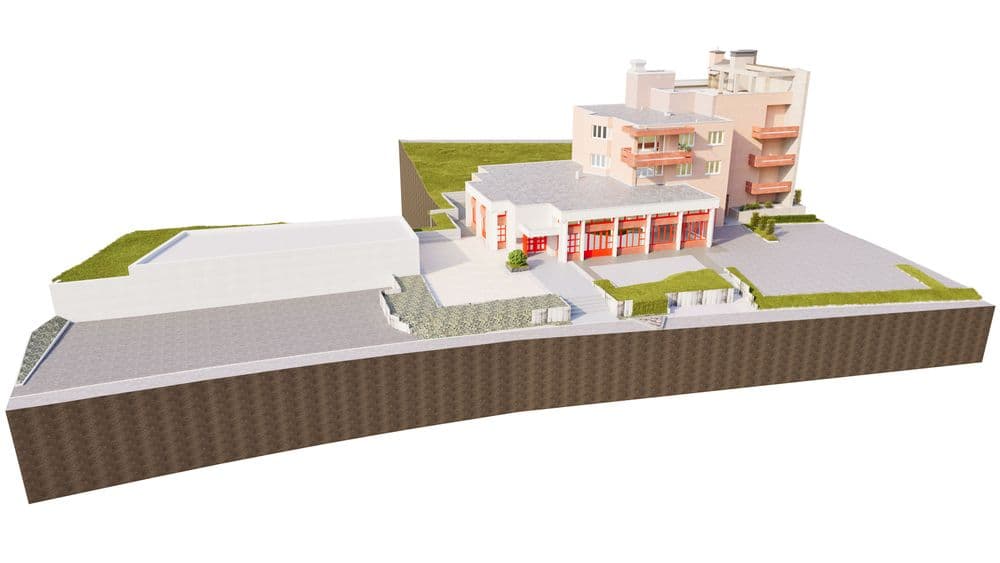 Modernes Architekturmodell eines Gebäudekomplexes mit mehreren Etagen und angrenzenden Freiflächen.