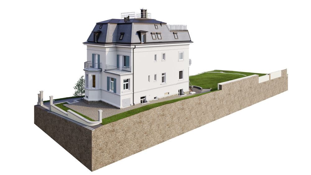 Ein modernes dreistöckiges Gebäude mit Garten, umgeben von einer Mauer, auf einer leicht erhöhten Plattform.