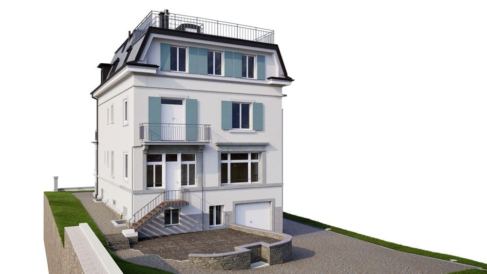Ein modernes, weißes, mehrstöckiges Wohnhaus mit Dachterrasse und schrägem Grünbereich.