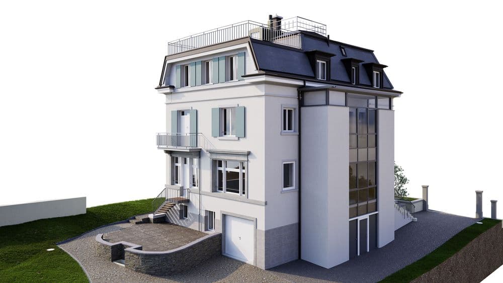 Ein modernes dreistöckiges Gebäude mit Dachterrasse und großen Fenstern, umgeben von einer gepflegten Rasenfläche.