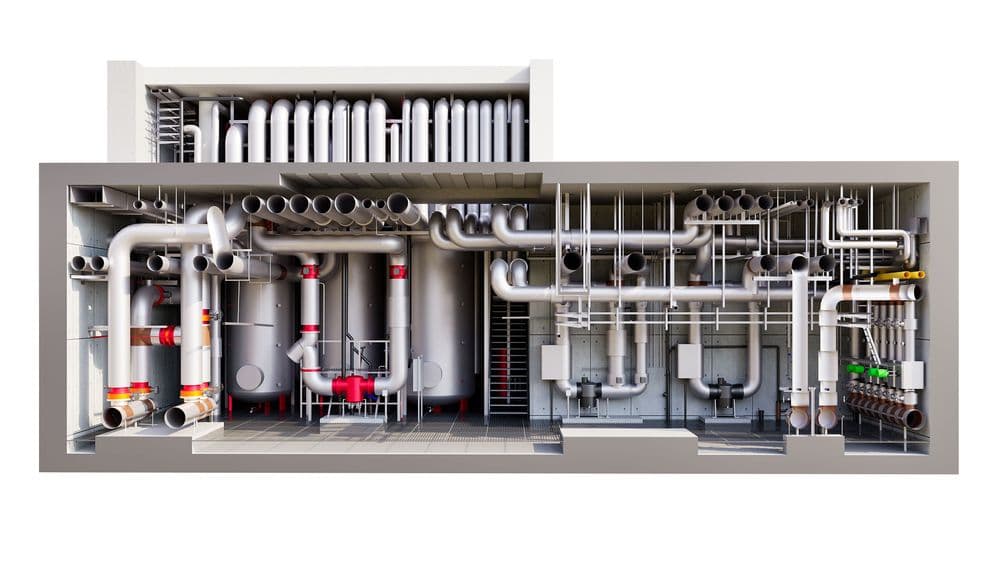 Gebäudemodell mit komplexem Rohrsystem und Kesselanlage in 3D-Querschnitt.