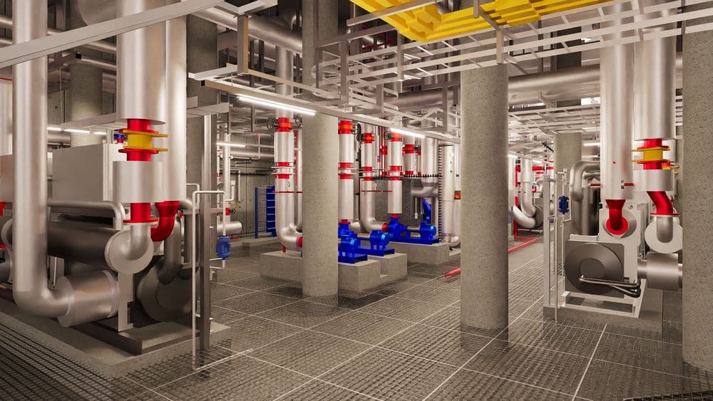 Ein modernes technisches Facility zeigt komplexe Rohrleitungen und raffinierte Maschinen in einem industriellen Raum.