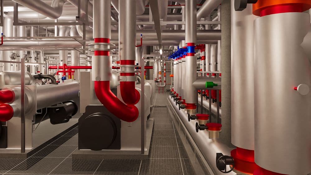 Industrielle Rohrleitungsanlage mit glänzenden Metallrohren und Armaturen in einem technischen Raum.