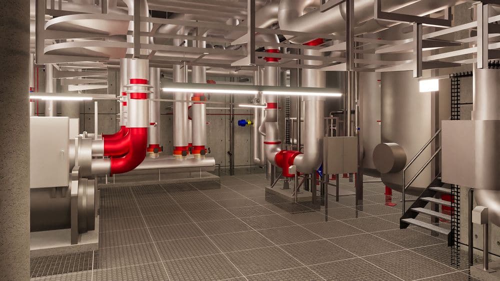 Industrieller Maschinenraum mit komplexem Rohrsystem und roten Rohren.