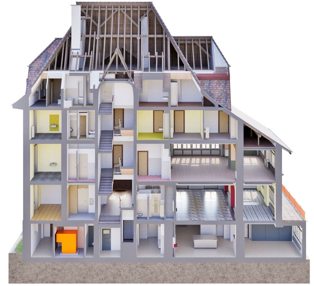 3D-Bestandsmodell eines denkmalgeschützten Gebäudes in der Schweiz, erstellt aus präziser Gebäudevermessung mittels 3D-Laserscanning durch VDE