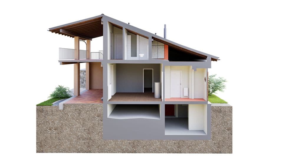 Energiesparendes zweistöckiges Haus im Querschnitt, zeigt modernen Holzbau, großzügige Fensterflächen und nachhaltige Architektur.