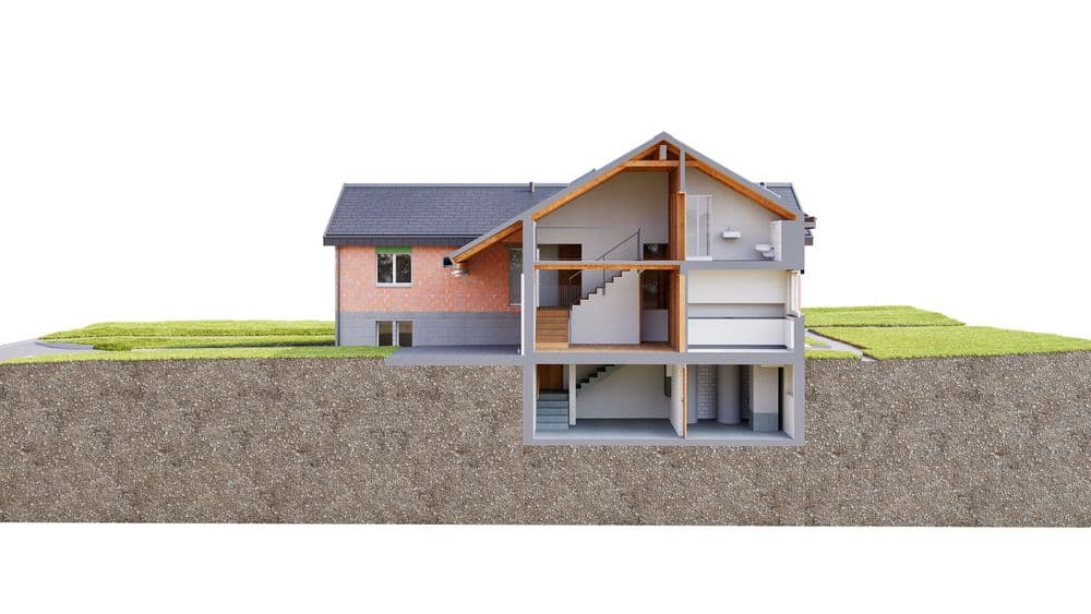 Einfamilienhaus mit Schnittansicht, die Innenräume und Keller zeigt.