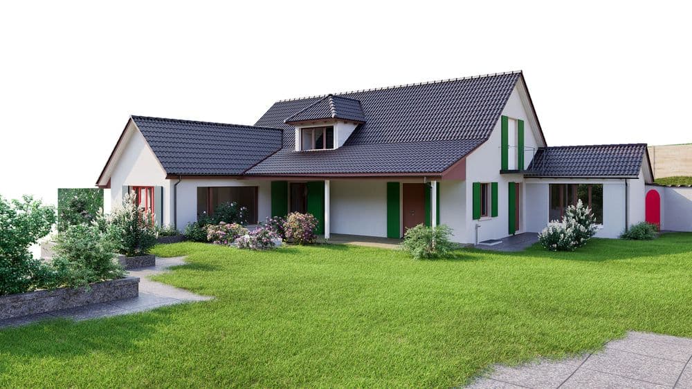Einfamilienhaus mit Garten und Rasenfläche, traditionelles Design, weiße Fassade mit grünem Fensterläden und Satteldach.