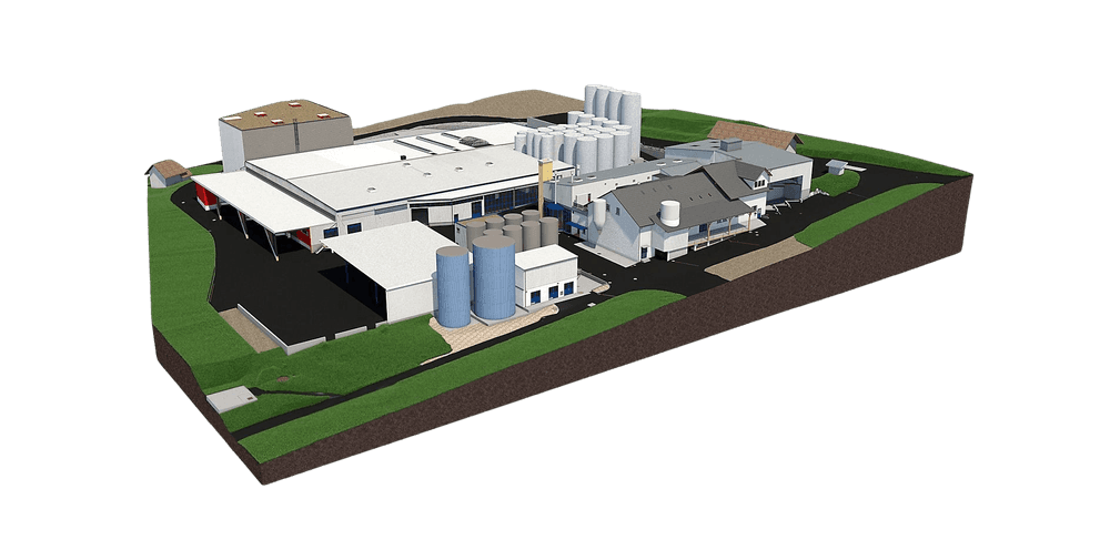Eine 3D-Darstellung einer modernen Fabrikanlage mit Gebäuden, Silos und Grünflächen.