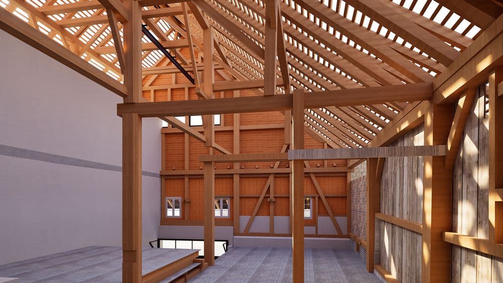 3D-Visualisierung einer Scheune im Innenraum mit sichtbarem Holzfachwerk, Dachstuhl und Sparren, Holzständern und Querbalken, Fensteröffnungen und Lichteinfall – Architektur-Rendering für Sanierung oder Neubau.