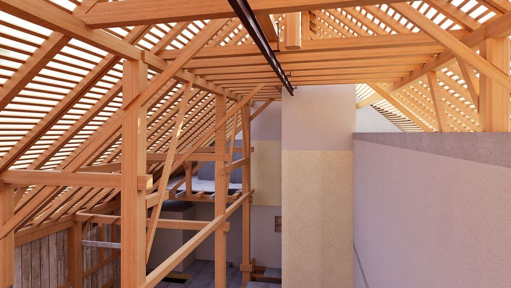 Holz-Dachstuhl im Innenraum: sichtbare Sparren und Lattenkonstruktion eines Dachausbaus mit Gaube, Balken und Zwischendecke, moderne Architektur und Handwerk beim Hausbau.