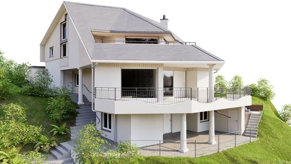 Ein modernes zweistöckiges Haus mit großen Fenstern und Balkon, umgeben von grüner Landschaft.