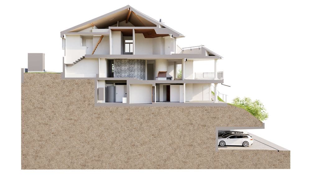 Querschnitt eines mehrstöckigen modernen Hauses mit Hanglage, offenem Wohnkonzept und Garage.