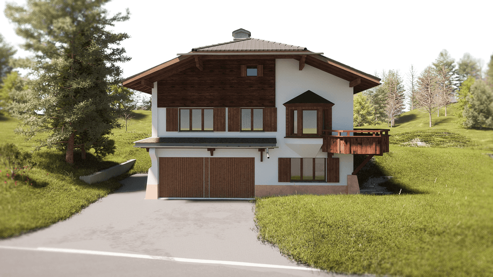 Ein modernes Chalet mit Holzfassade und Garage, umgeben von üppiger Natur und Bäumen.