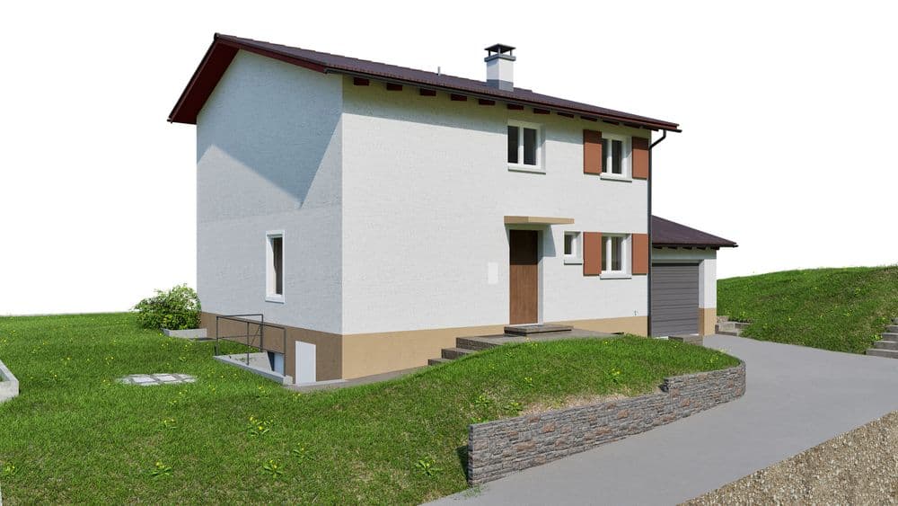 Zweistöckiges, weißes Einfamilienhaus mit rotem Dach, umgeben von Garten und gepflastertem Weg.