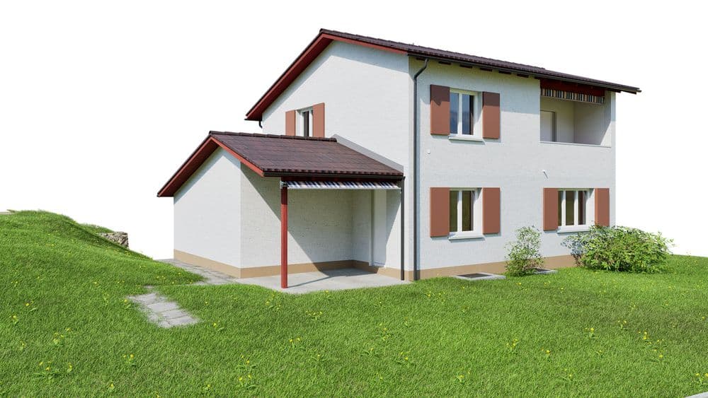 Modernes zweistöckiges Haus mit Satteldach, umgeben von grünem Rasen.