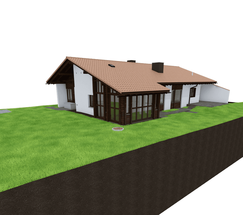 Einfamilienhaus mit Garten, Ziegelmauerwerk, Satteldach und Holzfassade.