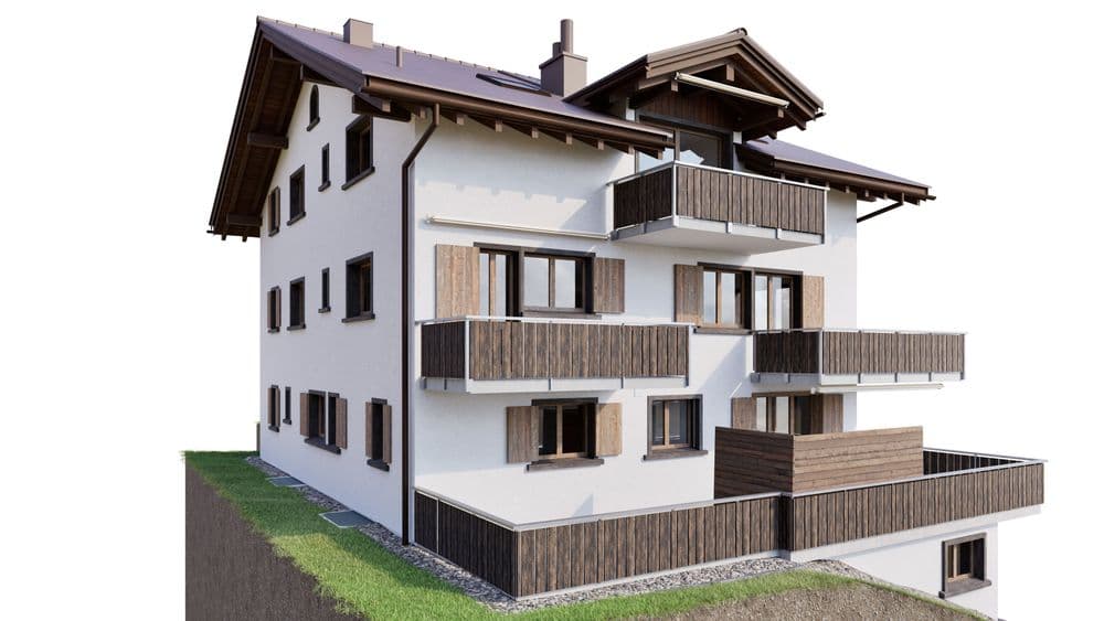 Hier haben wir ein mehrstöckiges Gebäude mit Holzverkleidung und Balkonen, das modern und traditionell kombiniert.