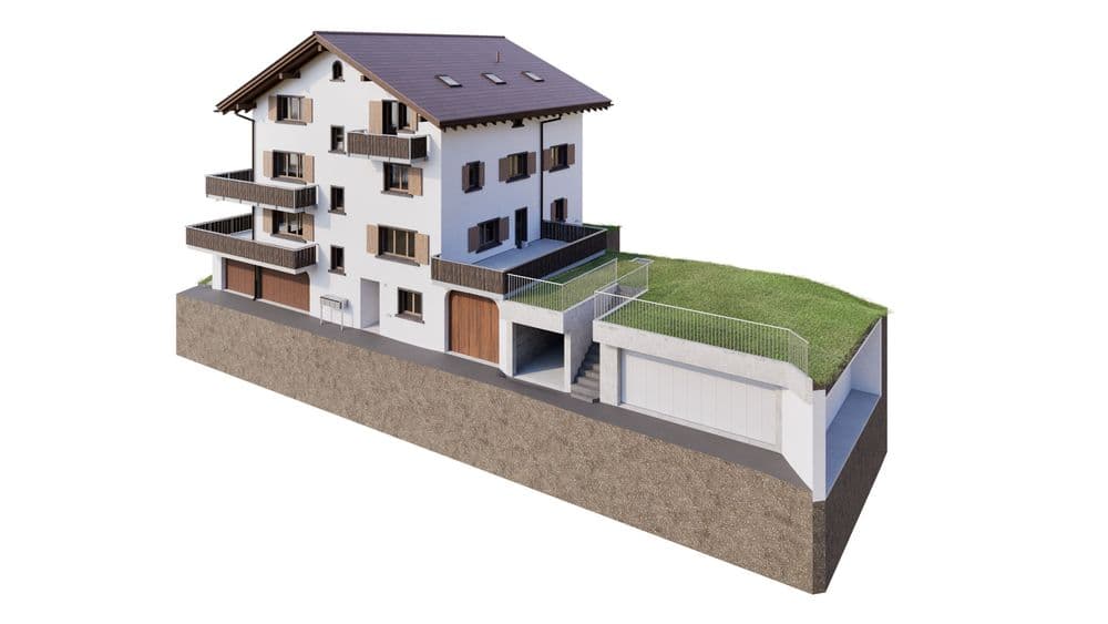 Wohnhaus mit mehreren Etagen, Balkonen, Dachfenstern und Untergeschoss-Garage, umgeben von Rasenfläche.