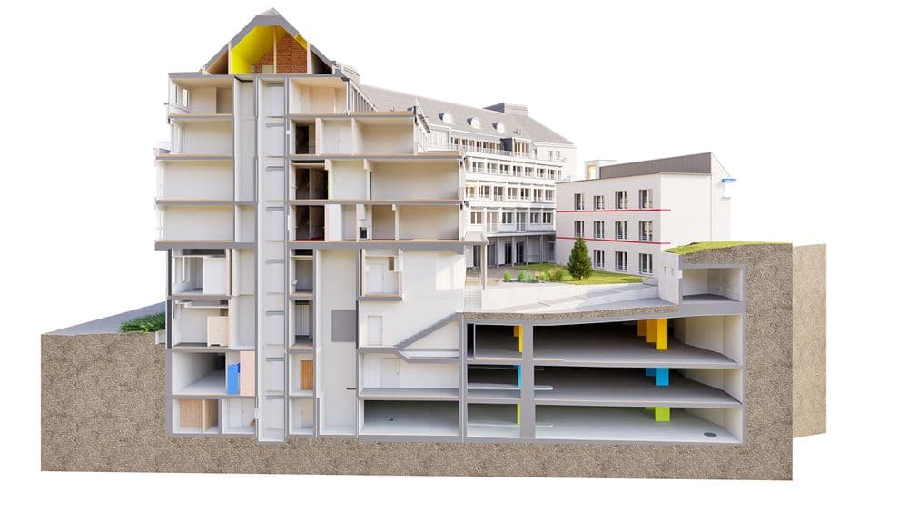 Gebäudeschnitt: Mehrstöckige Gebäudestruktur mit künftiger Baustellentwicklung. Seitenansicht zeigt Innenräume und Fundament.