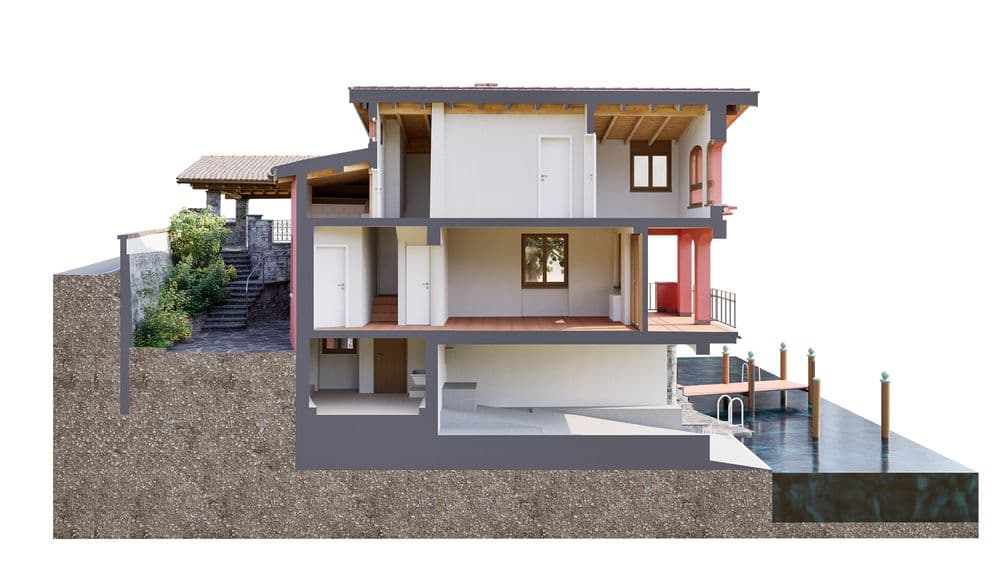 Querschnitt eines modernen Gebäudes mit Wohnbereichen, Treppen, Terrassen und Wasserzugang.