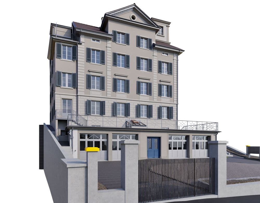 3D-Visualisierung eines mehrstöckigen Wohn- und Geschäftshauses mit grauer Fassade, Fensterläden, Eingangstor und ummauertem Hof, frontale Ansicht auf weißem Hintergrund.