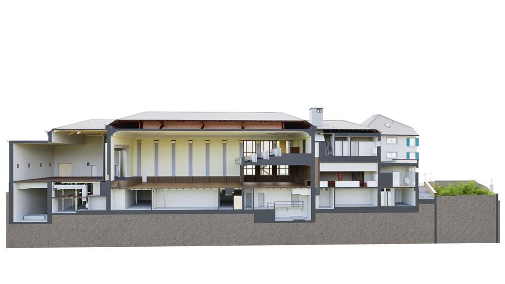 Querschnitt eines modernen Gebäudes mit mehreren Stockwerken, inklusive Einrichtung und Grundstück.