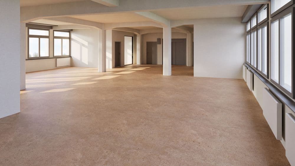 Großer leerer Raum mit großen Fenstern, heller Boden und viel Tageslicht. Ideal für Büro- oder Wohnzwecke.