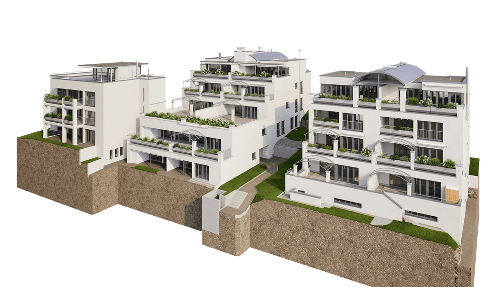 Mehrfamilienhaus auf Hang, moderne Architektur, große Fenster, Terrassen, begrüntes Dach.