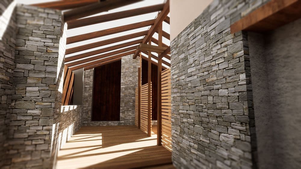 Moderne Architektur mit Holzdach und Steinwänden in einem sonnigen Innenhof.