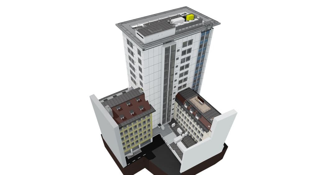 Scan-to-BIM 3D Bestandesmodell eines grossen Hochhaus Gebäudekomplexes für ein Umbauprojekt